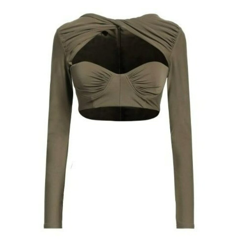 Alex Perry Olive Green Long-Sleeve Twist Crop Top